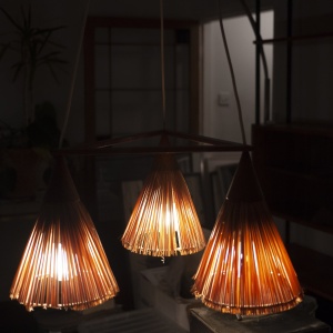 Vintage 3 Cone Teak & Sisal Pendant Lamp By Temde, 1960s