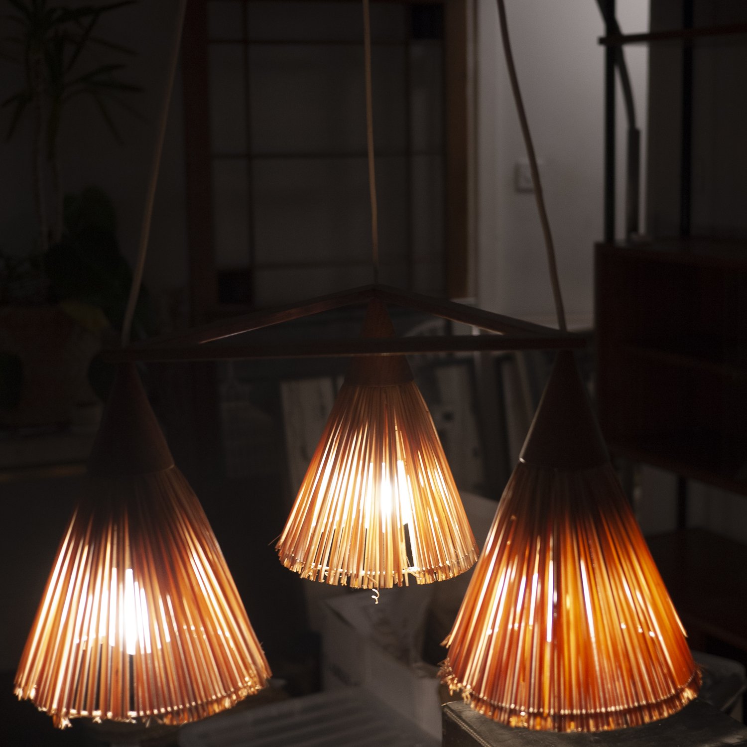 Vintage 3 Cone Teak & Sisal Pendant Lamp By Temde, 1960s