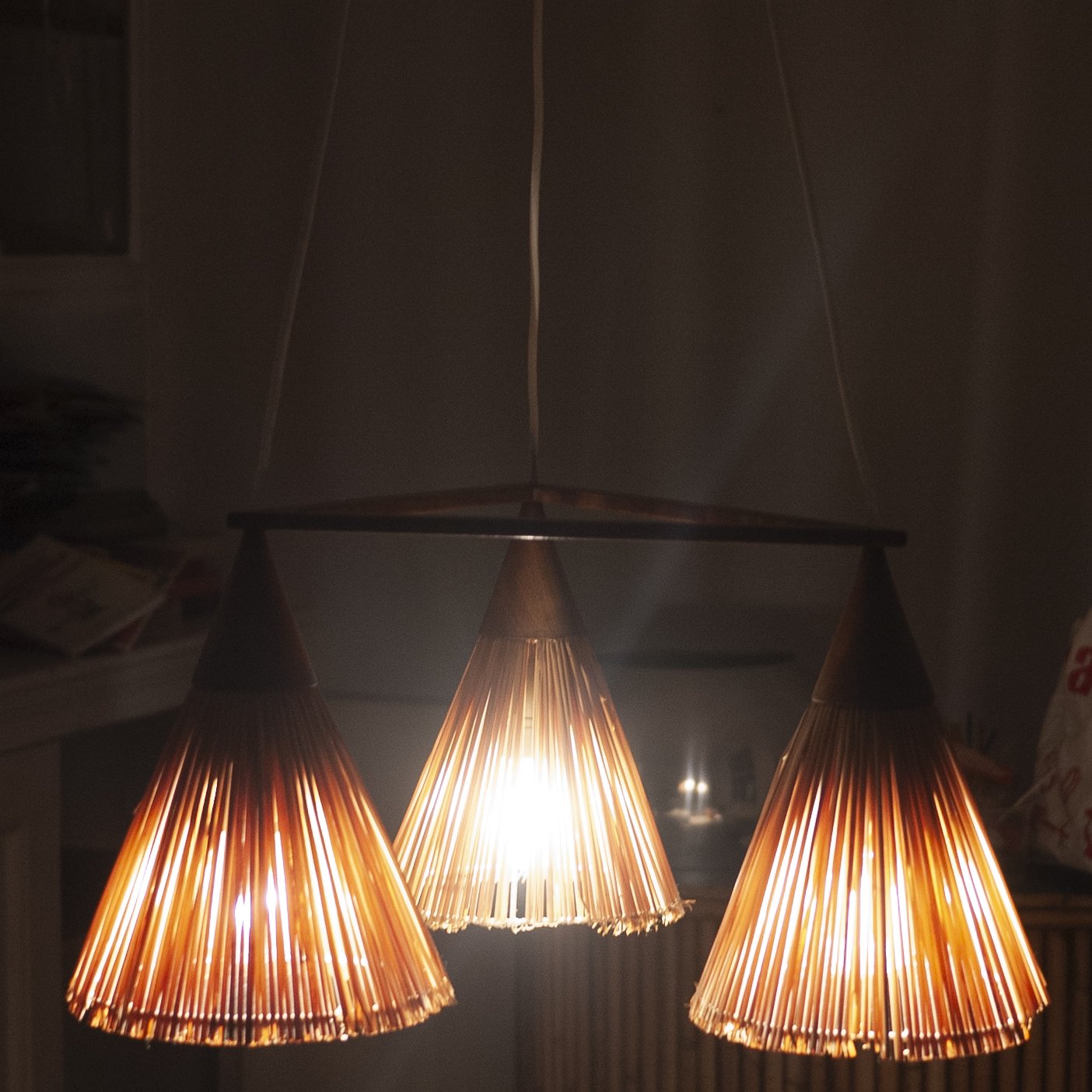Vintage 3 Cone Teak & Sisal Pendant Lamp By Temde, 1960s