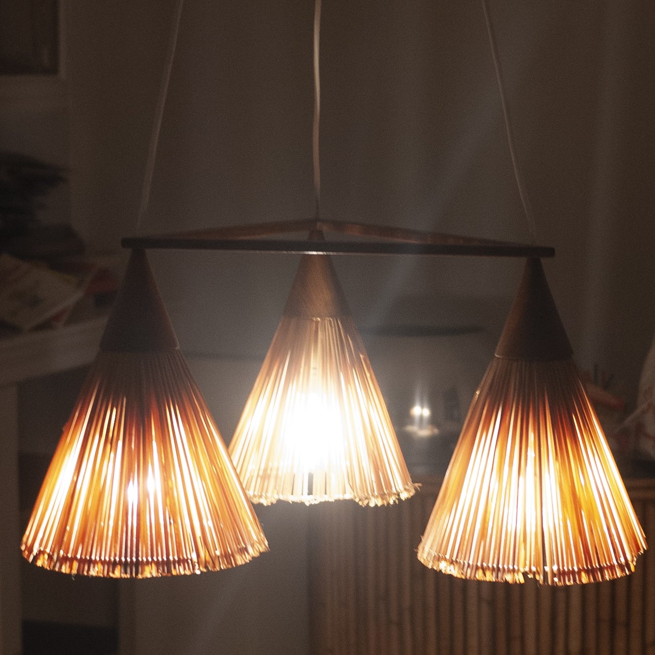 Vintage 3 Cone Teak & Sisal Pendant Lamp By Temde, 1960s