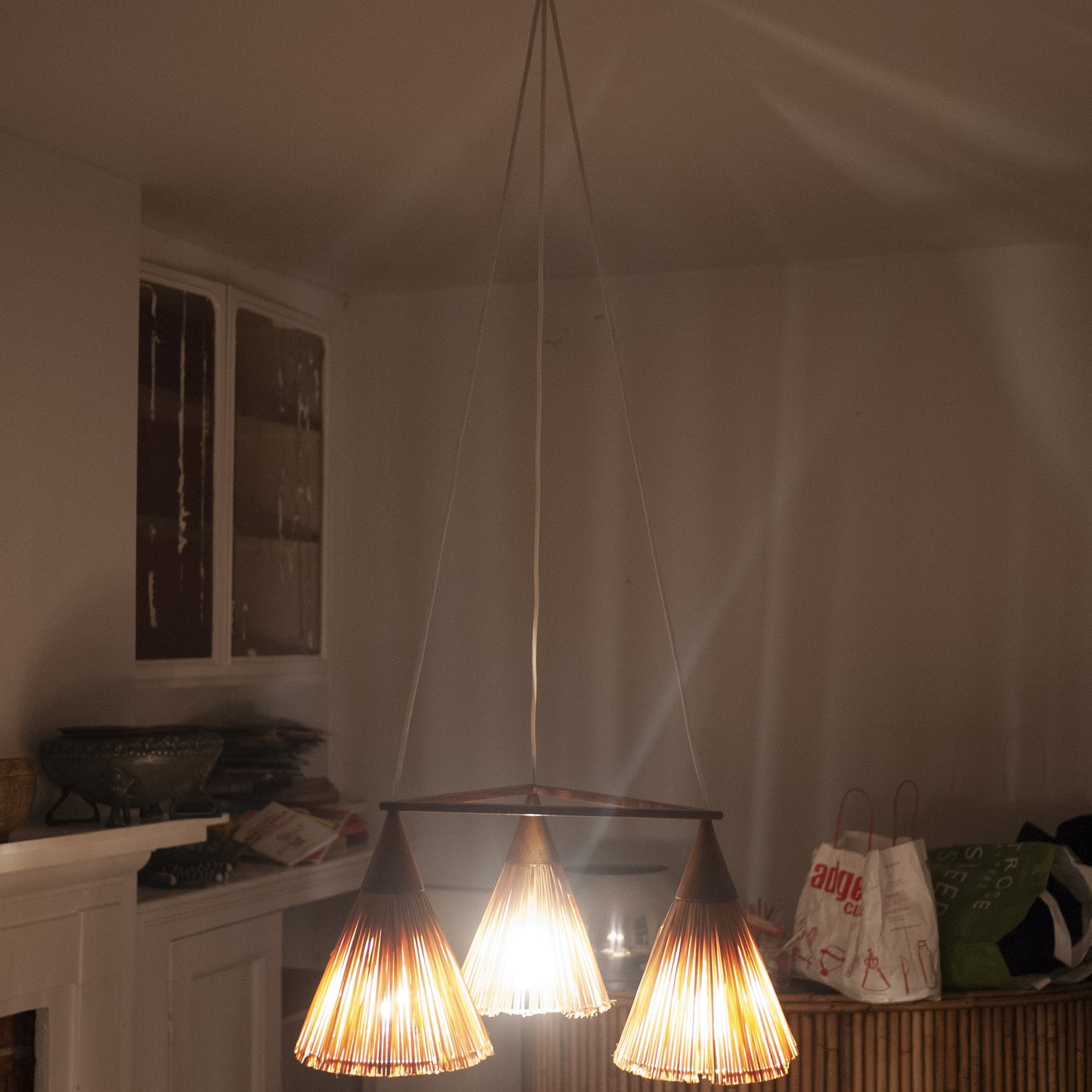 Vintage 3 Cone Teak & Sisal Pendant Lamp By Temde, 1960s