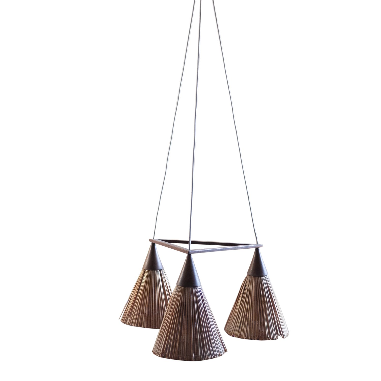 Vintage 3 Cone Teak & Sisal Pendant Lamp By Temde, 1960s