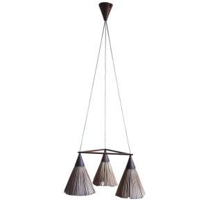 Vintage 3 Cone Teak & Sisal Pendant Lamp By Temde, 1960s