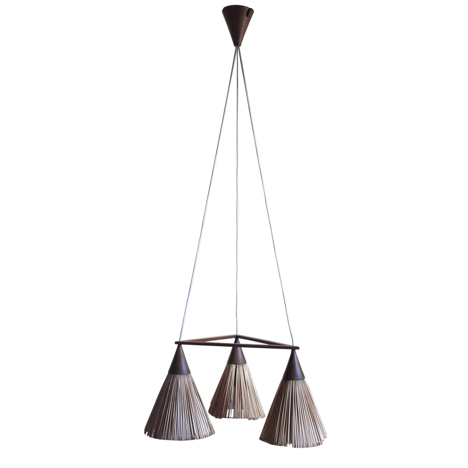 Vintage 3 Cone Teak & Sisal Pendant Lamp By Temde, 1960s