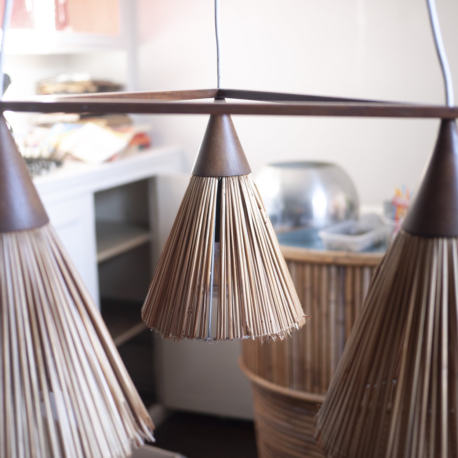 Vintage 3 Cone Teak & Sisal Pendant Lamp By Temde, 1960s