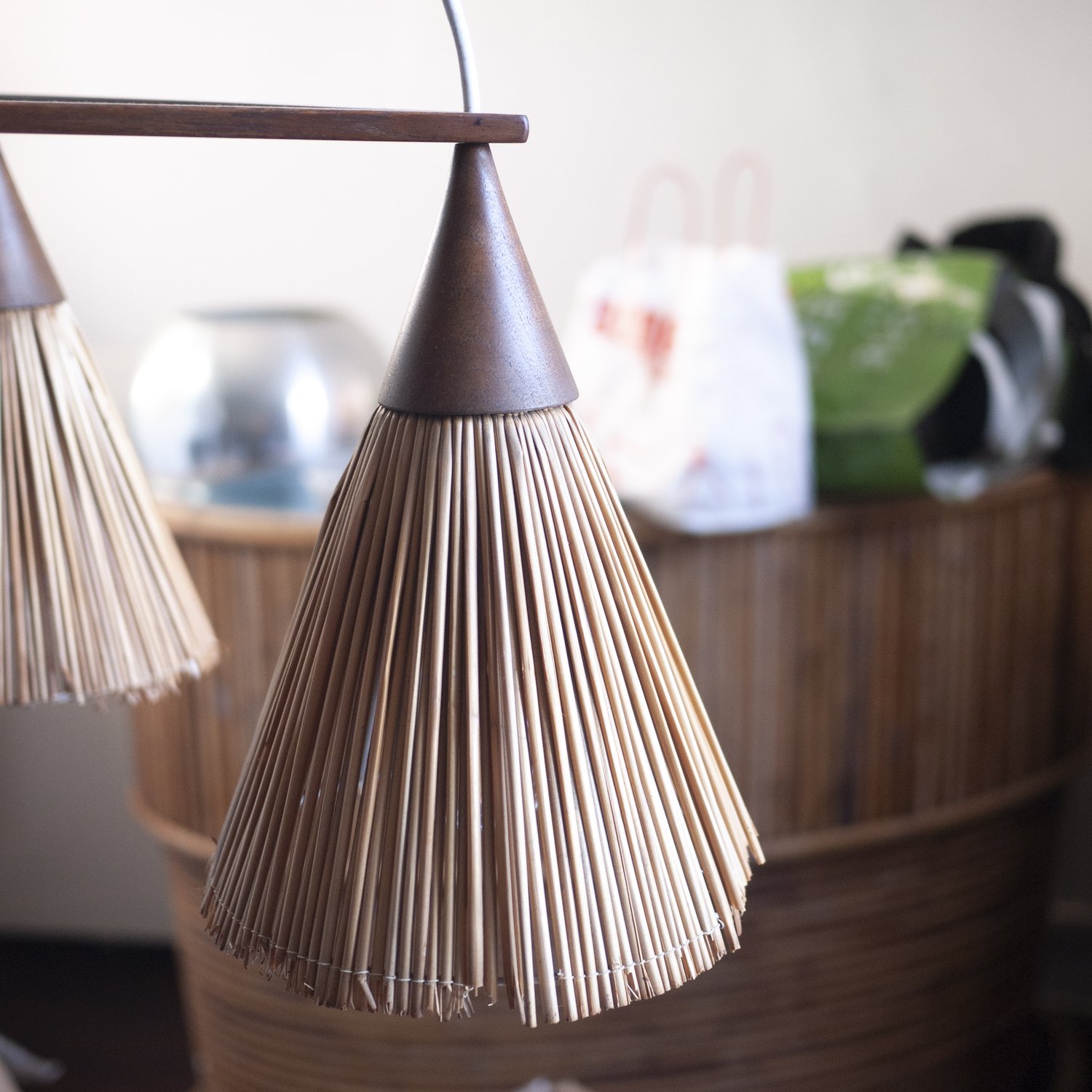 Vintage 3 Cone Teak & Sisal Pendant Lamp By Temde, 1960s