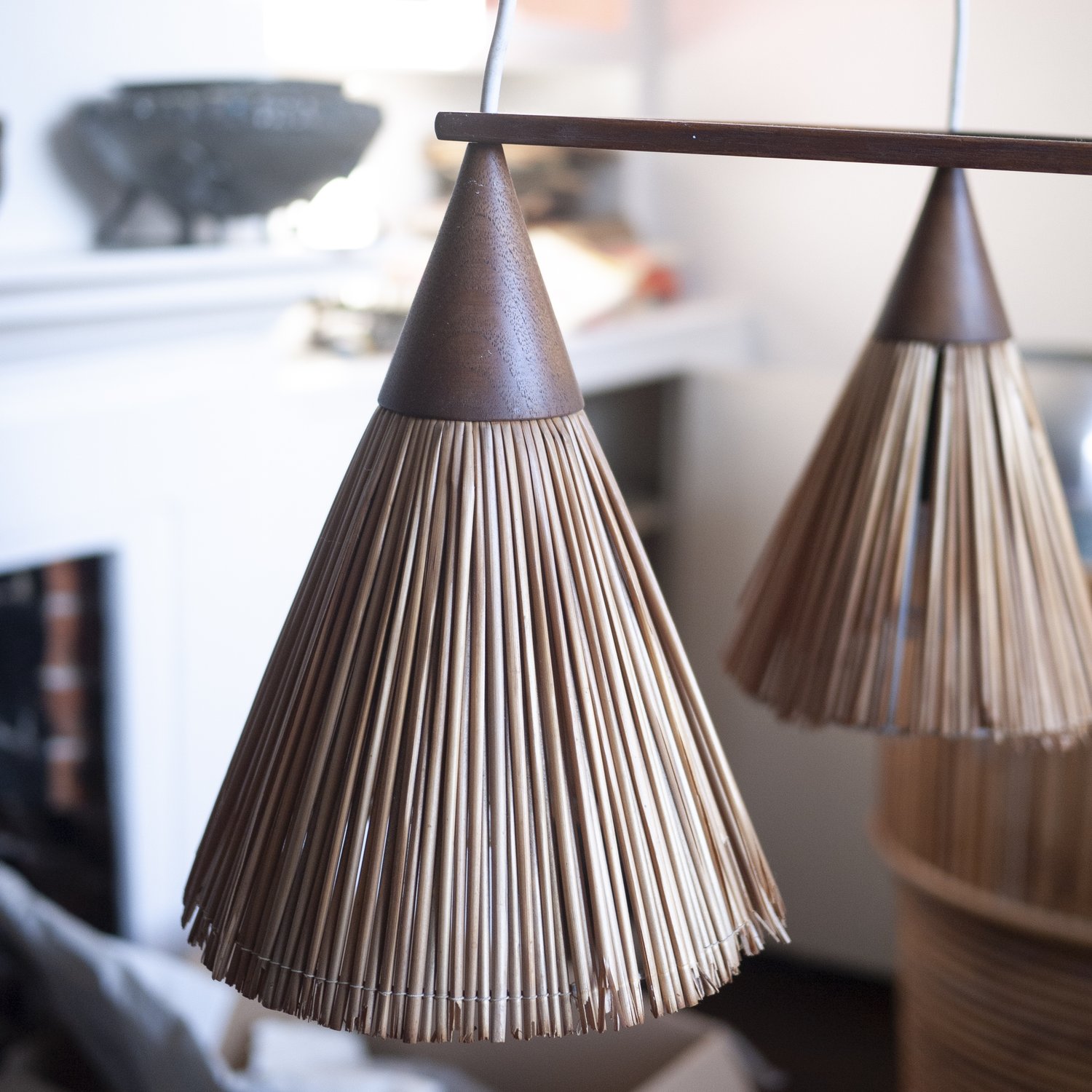 Vintage 3 Cone Teak & Sisal Pendant Lamp By Temde, 1960s