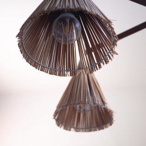 Vintage 3 Cone Teak & Sisal Pendant Lamp By Temde, 1960s