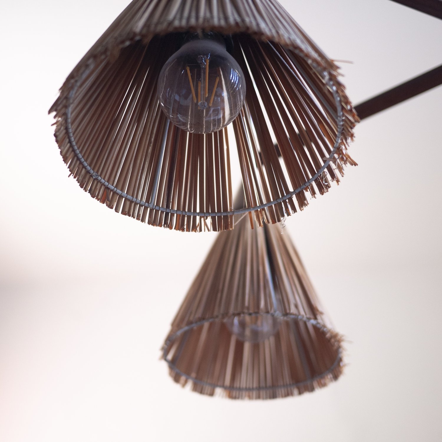 Vintage 3 Cone Teak & Sisal Pendant Lamp By Temde, 1960s