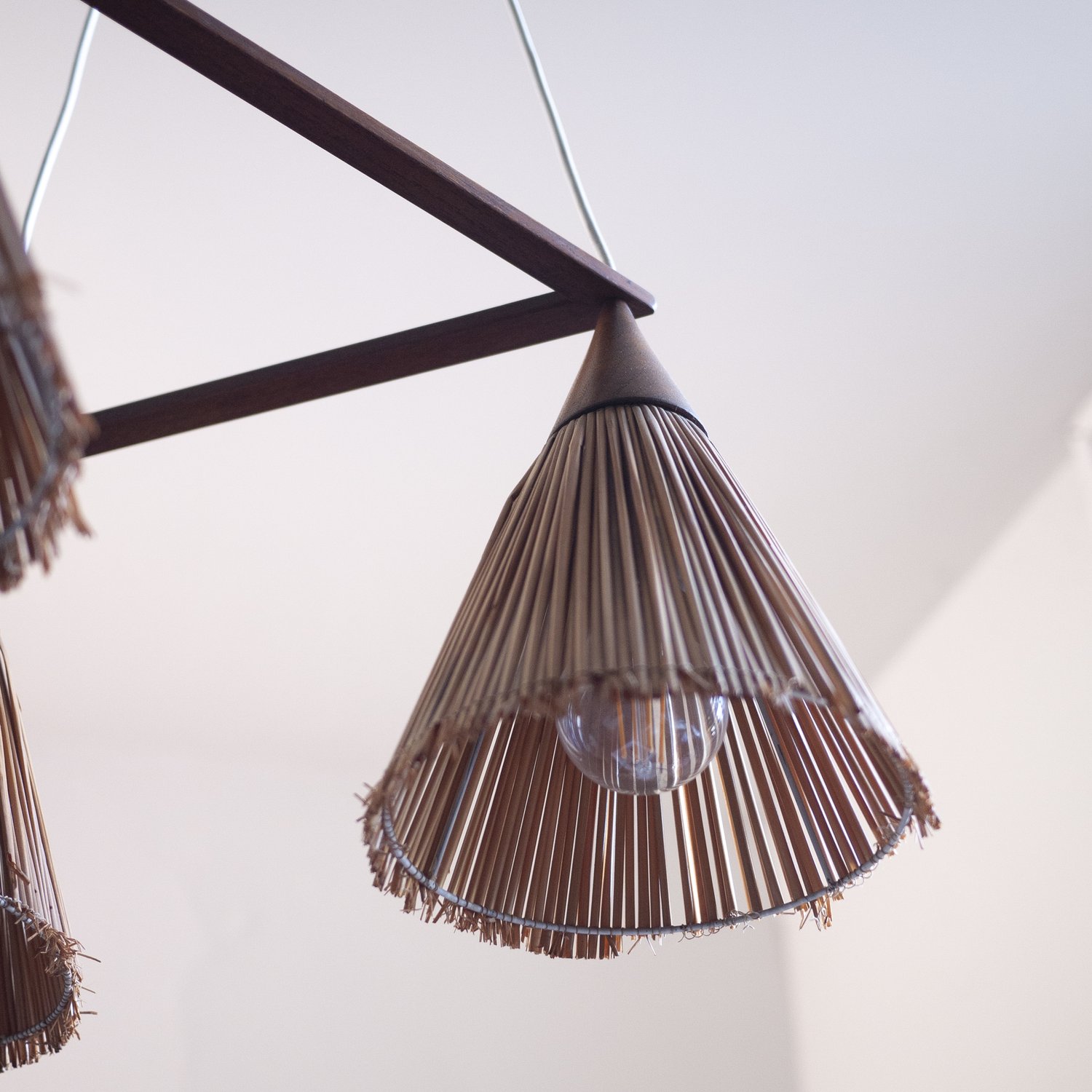 Vintage 3 Cone Teak & Sisal Pendant Lamp By Temde, 1960s