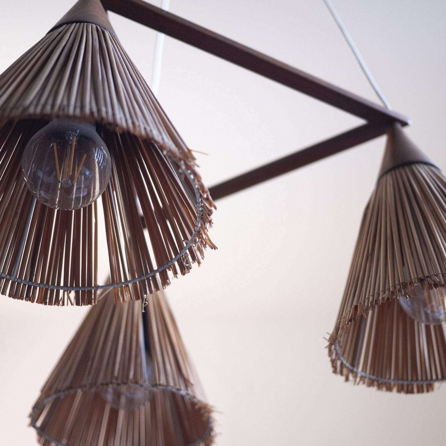 Vintage 3 Cone Teak & Sisal Pendant Lamp By Temde, 1960s