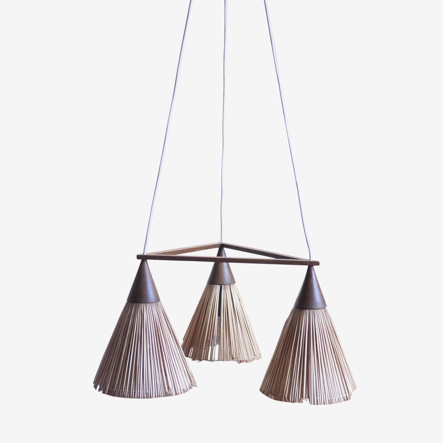 Vintage 3 Cone Teak & Sisal Pendant Lamp By Temde, 1960s