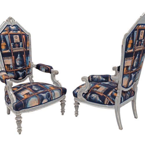 Pair of Italian Neoclassical Armchairs with Fornasetti Linen Fabric