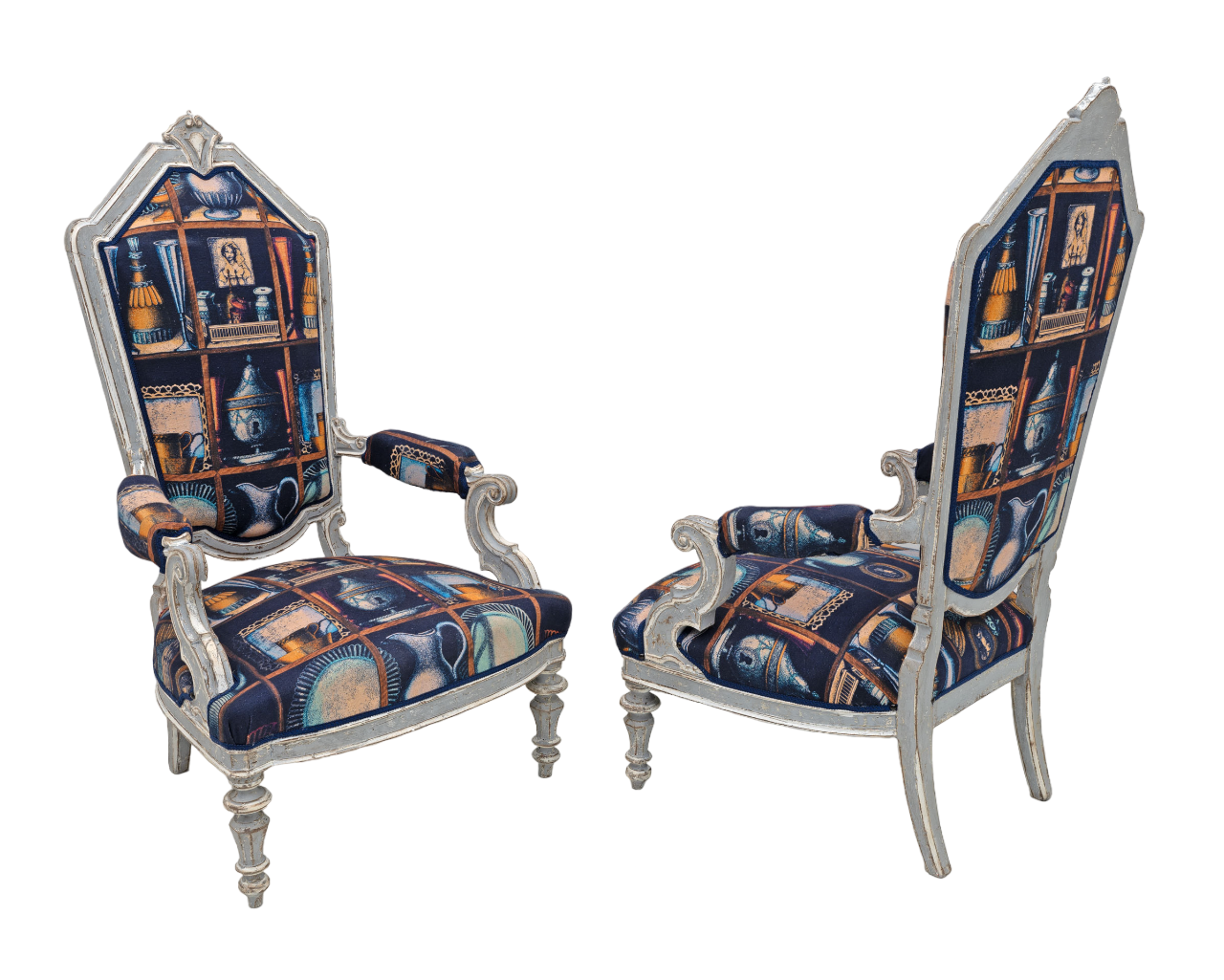 Pair of Italian Neoclassical Armchairs with Fornasetti Linen Fabric