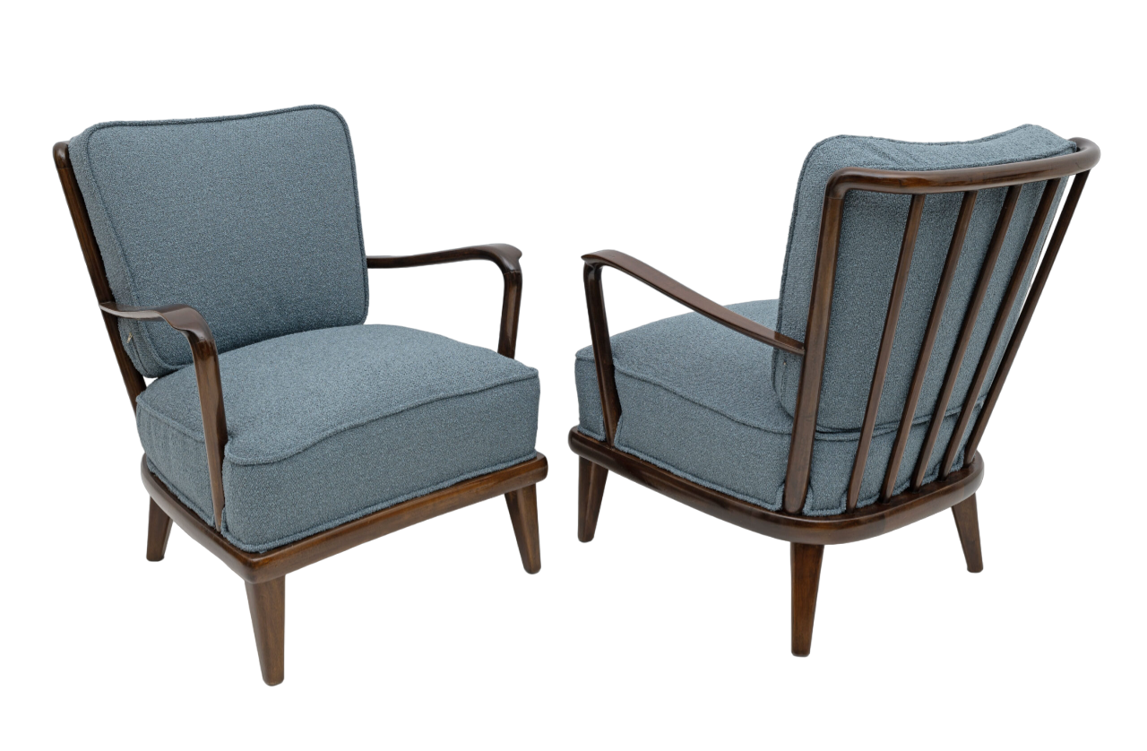 Pair of Mid-Century Modern Italian Walnut and Bouclè Armchairs, 1950s