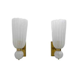 Pair of Mid-century Modern Brass and "Pulegoso" Murano Glass Sconces