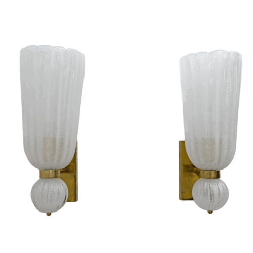 Pair of Mid-century Modern Brass and "Pulegoso" Murano Glass Sconces