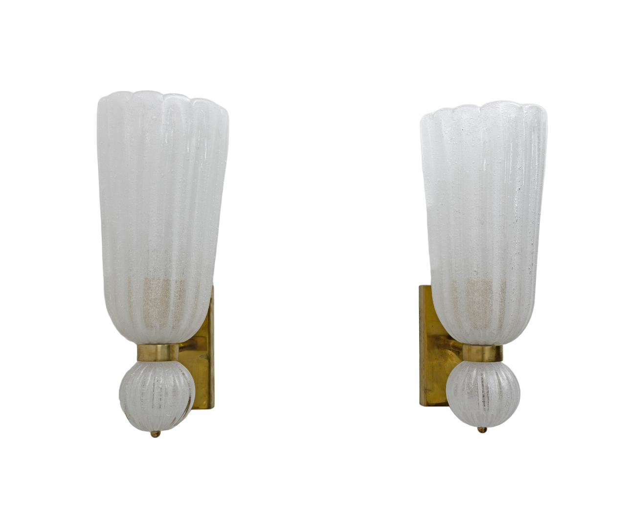 Pair of Mid-century Modern Brass and "Pulegoso" Murano Glass Sconces