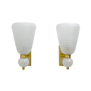 Pair of Mid-century Modern Brass and "Pulegoso" Murano Glass Sconces