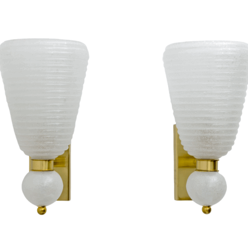 Pair of Mid-century Modern Brass and "Pulegoso" Murano Glass Sconces