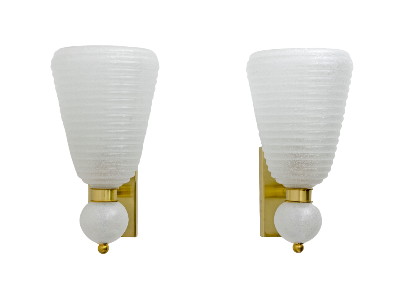 Pair of Mid-century Modern Brass and "Pulegoso" Murano Glass Sconces