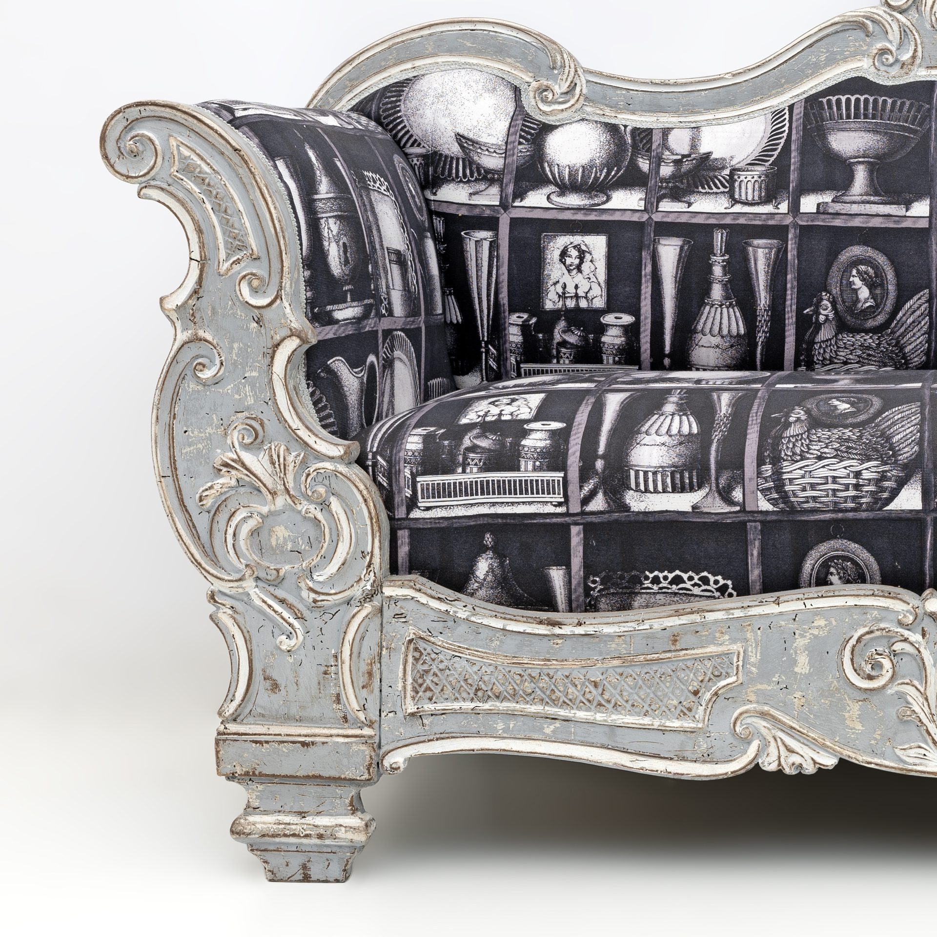 Charles X Style Italian Sofa with Fornasetti Linen Fabric