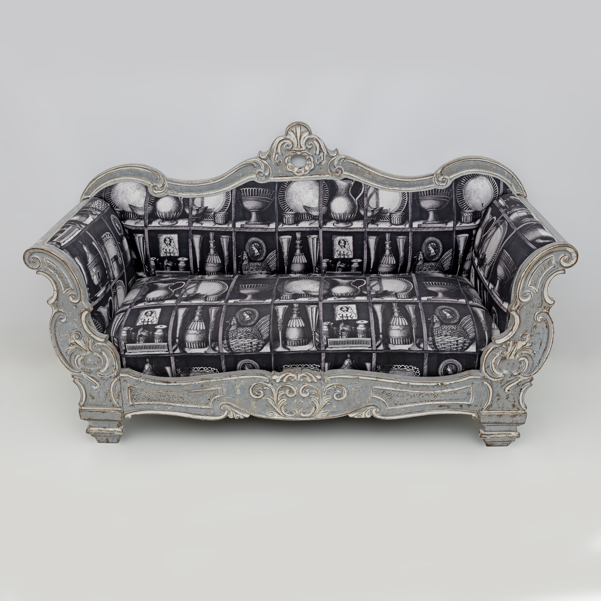 Charles X Style Italian Sofa with Fornasetti Linen Fabric