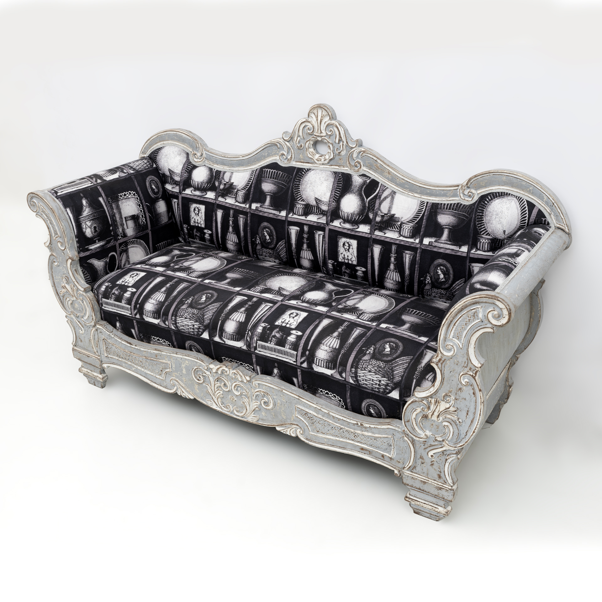 Charles X Style Italian Sofa with Fornasetti Linen Fabric