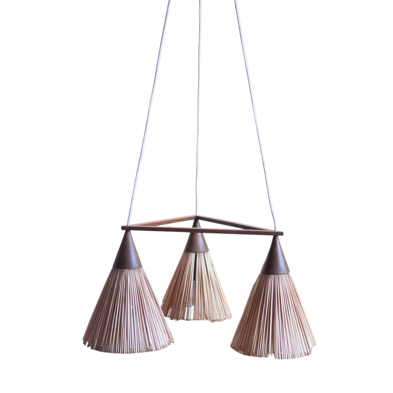 Vintage 3 Cone Teak & Sisal Pendant Lamp By Temde, 1960s