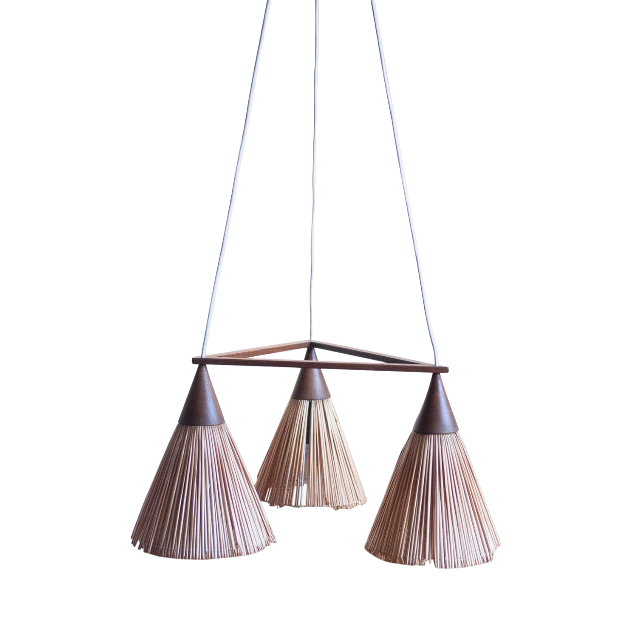 Vintage 3 Cone Teak & Sisal Pendant Lamp By Temde, 1960s