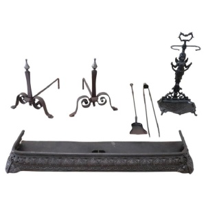 Set of antique fireplace tools in wrought iron and cast iron