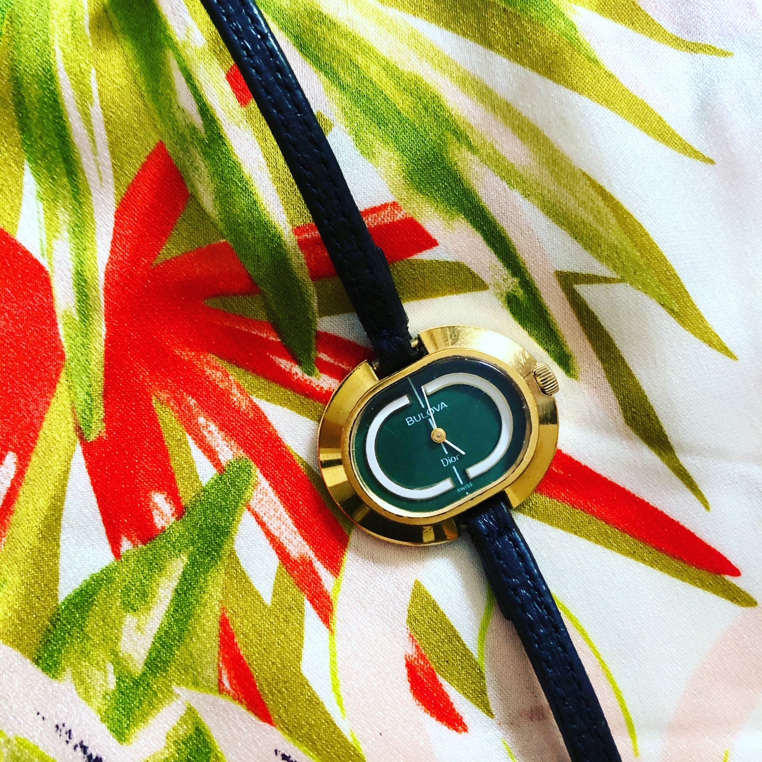 1970s Bulova for Christian Dior 14K Gold Plated Oval Green Dial Wristwatch