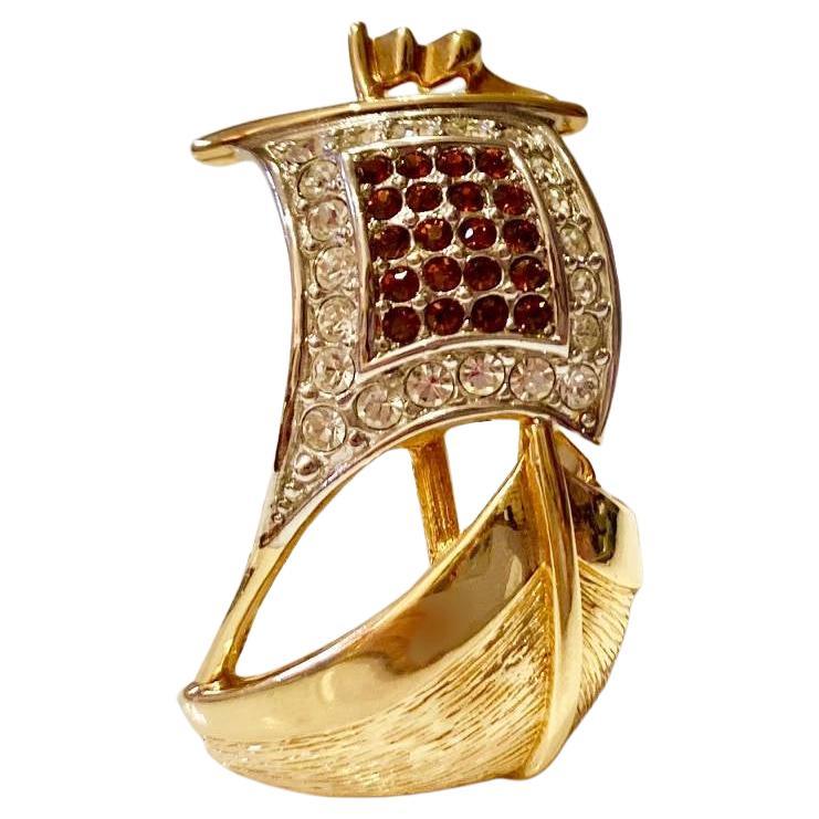 1980s Burberry Sailing Ship Pave Crystal Gold Plated Brooch Pin
