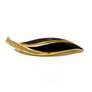 1980s CHRISTIAN DIOR ENAMEL LEAF gold plated crystal BROOCH