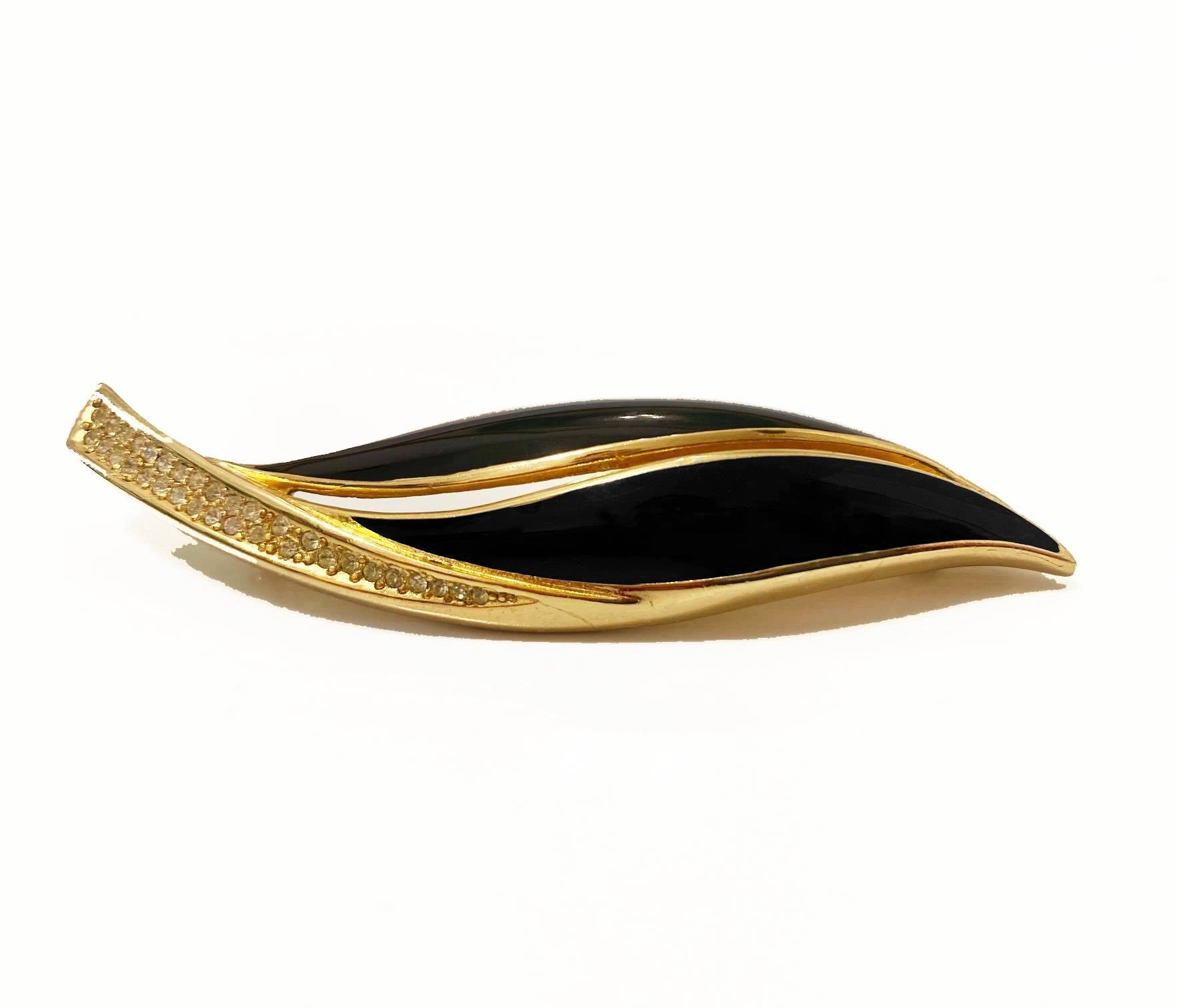 1980s CHRISTIAN DIOR ENAMEL LEAF gold plated crystal BROOCH