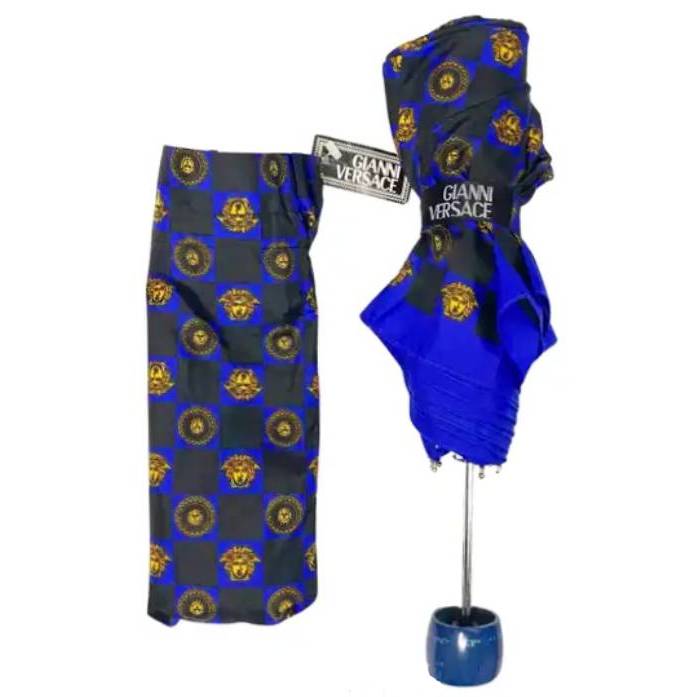 1980s Gianni Versace Black Blue chequered Medusa Umbrella with cover