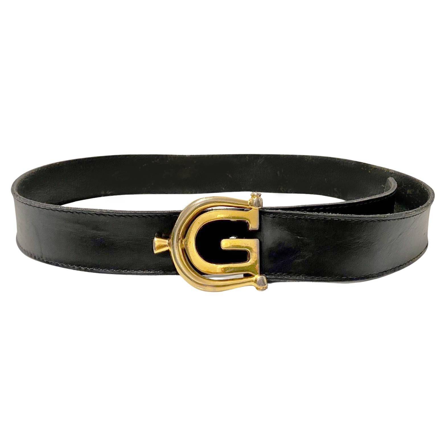 1980s Gucci GG Double GG Gold Metal Buckle Black Leather Belt