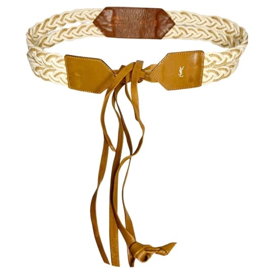 1980s YSL Yves Saint Laurent Cord Tan Leather Tasseled Tie Belt