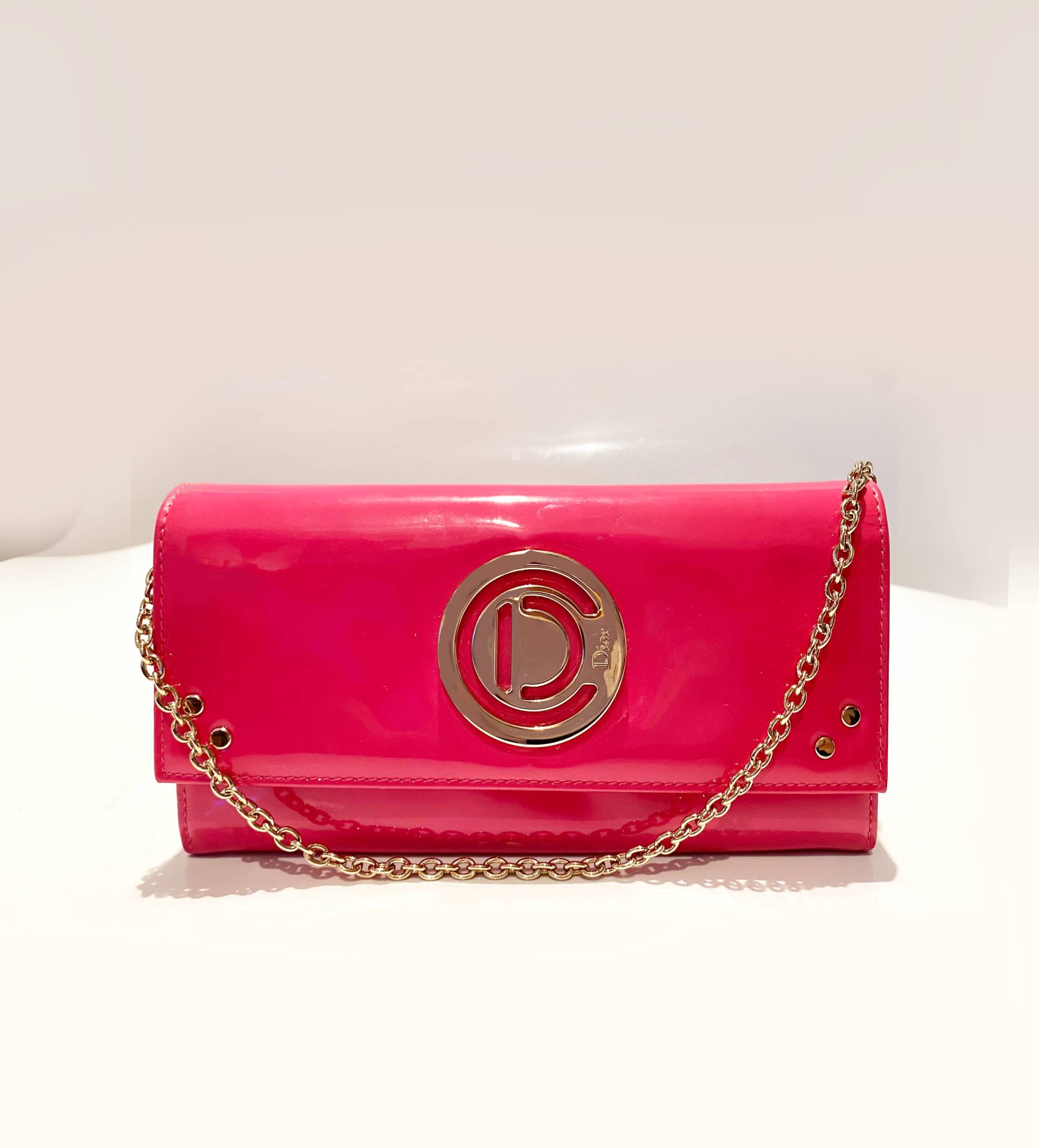 2000s Christian Dior Pink Fuchsia Patent Leather Handbag On Chain