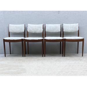Four Mid Century Teak, Low Back, Dining Chairs, Upholstered In Natural Shearling/Sheepskin