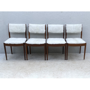 Four Mid Century Teak, Low Back, Dining Chairs, Upholstered In Natural Shearling/Sheepskin