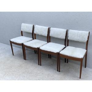 Four Mid Century Teak, Low Back, Dining Chairs, Upholstered In Natural Shearling/Sheepskin