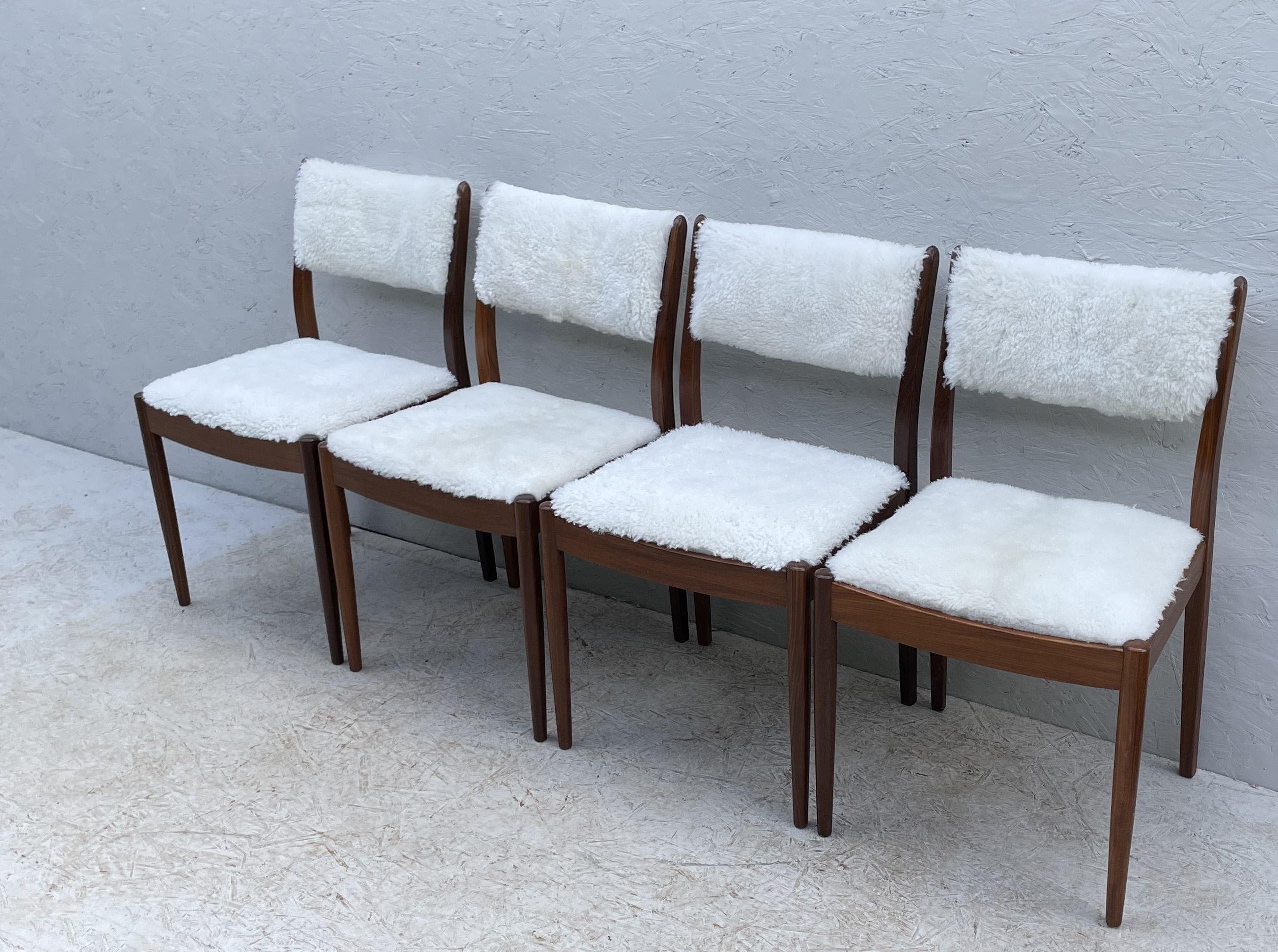Four Mid Century Teak, Low Back, Dining Chairs, Upholstered In Natural Shearling/Sheepskin