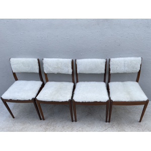 Four Mid Century Teak, Low Back, Dining Chairs, Upholstered In Natural Shearling/Sheepskin
