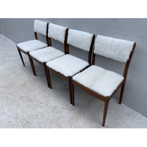 Four Mid Century Teak, Low Back, Dining Chairs, Upholstered In Natural Shearling/Sheepskin