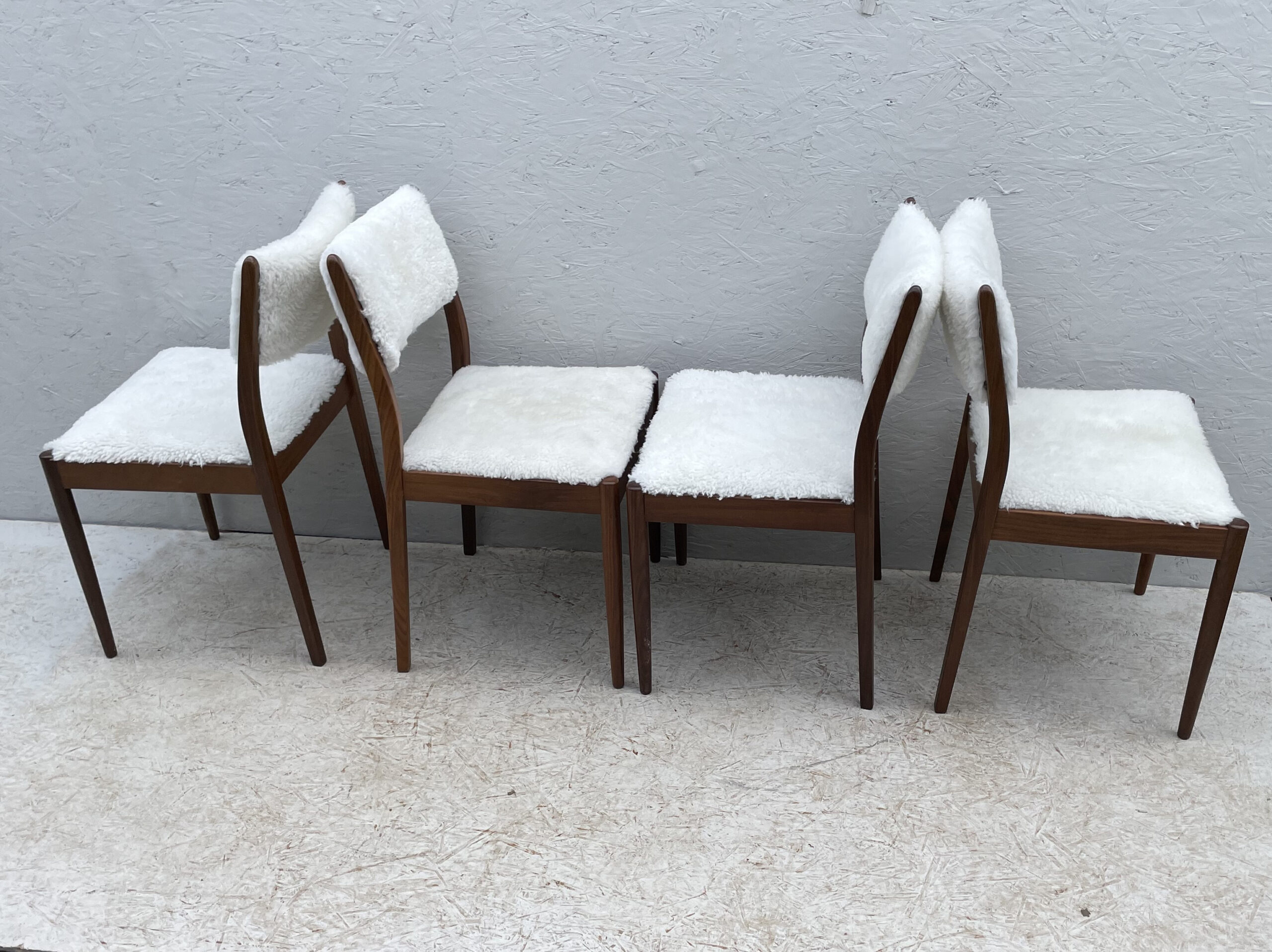 Four Mid Century Teak, Low Back, Dining Chairs, Upholstered In Natural Shearling/Sheepskin