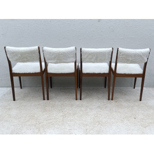 Four Mid Century Teak, Low Back, Dining Chairs, Upholstered In Natural Shearling/Sheepskin