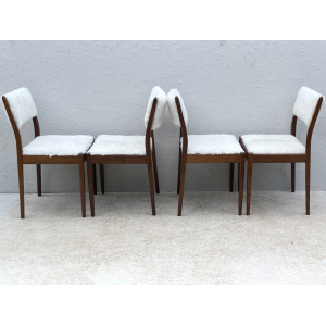 Four Mid Century Teak, Low Back, Dining Chairs, Upholstered In Natural Shearling/Sheepskin