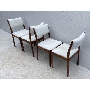 Four Mid Century Teak, Low Back, Dining Chairs, Upholstered In Natural Shearling/Sheepskin
