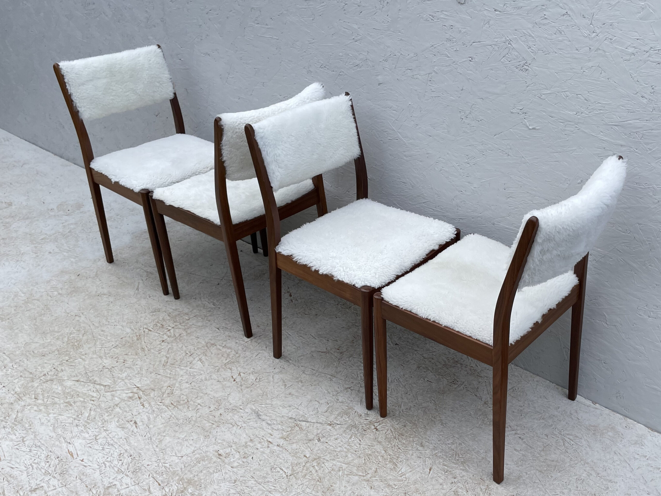 Four Mid Century Teak, Low Back, Dining Chairs, Upholstered In Natural Shearling/Sheepskin